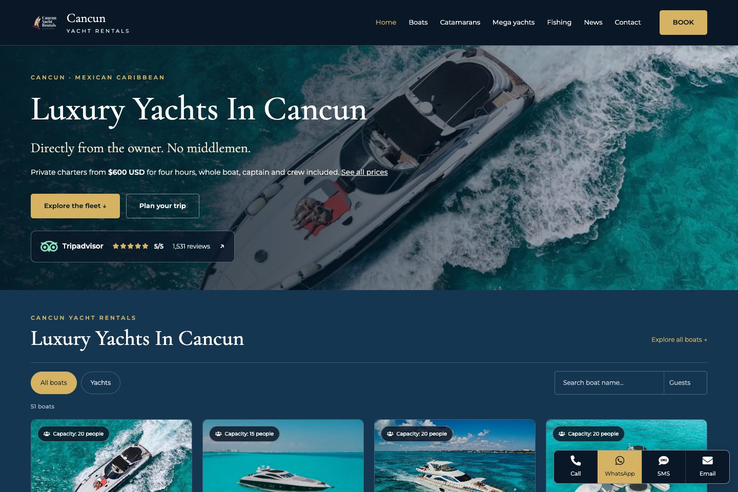 Captura de la página pública de Cancun Yacht Rentals